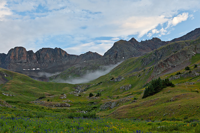 Clouds moved up the valley in American Basin and hung below the peaks just before sunset